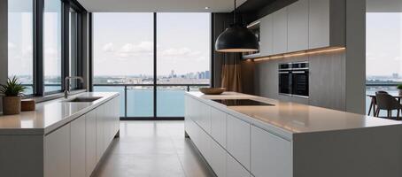 Modern highend open concept kitchen within a luxury apartment photo