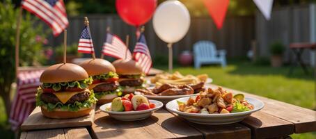 A patriotic Fourth of July backyard barbecue featuring red white and blue decorations photo