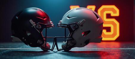 A cinematic clash of football helmets under glowing neon VS signs photo