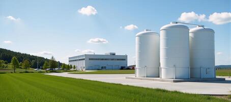A modern ecofactory harnesses hydrogen power with industrial tanks on a sunlit day showcasing innovative energy technology in an artistic 3D representation photo