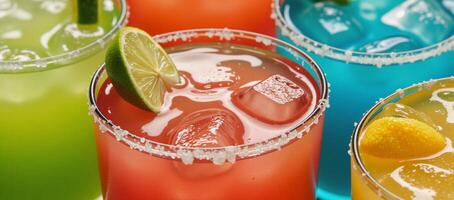 Vibrant margaritas adorned with lime wedges photo