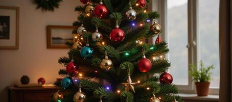 A traditional Christmas tree adorned with nostalgic ornaments photo