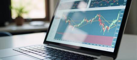 A laptop screen displays a stock market graph with financial data related to trading and investments photo