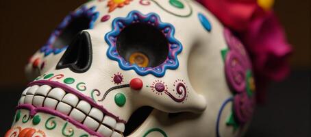 Artistic Sugar Skull featuring intricate designs typically seen during Dia de los Muertos celebrations photo