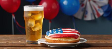 Celebrating Independence Day with a beer and flagshaped donut photo