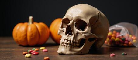 Skull sits with pumpkins and candy on a table photo