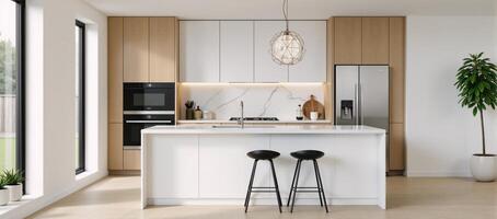 A contemporary Scandinavianstyle kitchen featuring an island and decorative elements is depicted through a 3D render photo
