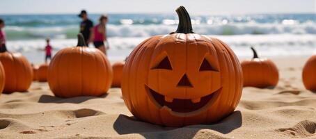 A festive autumn beach scene with pumpkins and Jackolanterns at a Halloween party by the shoreline featuring an iconic Jack o lantern amidst rolling waves of the ocean in the distance photo