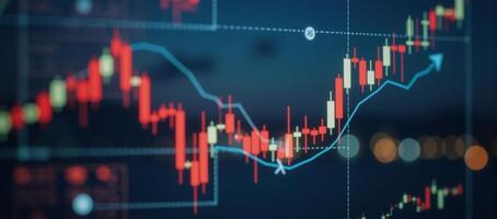 Digital art of a glossy cityscapereflected stock market chart featuring candlestick patterns and global business graphics against a backdrop of soft blured city lights photo