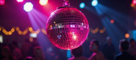 A closeup image featuring a lively disco scene against a backdrop of vibrant neon lights and a sparkling pink disco ball photo