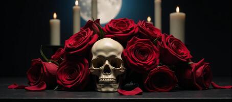 A gothic still life features an ornate skull amidst a luxurious arrangement of darkred roses under eerie moonlight and flickering candlelight photo