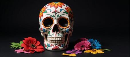 A cultural and vibrant Dia de Los Muertosthemed wallpaper featuring a colorful calavera surrounded by lively flowers against a dark backdrop photo