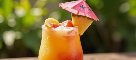 Colorful Tropical Drink with Umbrella Fruit Garnish Ideal Summer Refreshment photo
