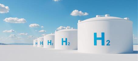 Clean Energy Symbolized Blue Sky 3D Render of White Hydrogen Tanks Labeled Blue H2 photo