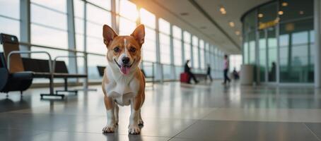 A neural networkcreated image portraying an adorable dog carrying a pet carrier at an airport setting photo