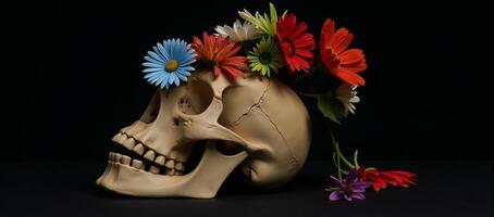 Skull decorated with colorful flowers amidst a black backdrop redorange roses bluegreen foliage photo