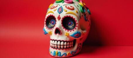 Colorful sugar skull illustrated against red backdrop photo