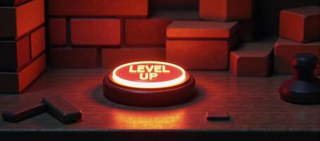 Retrostyle pixel art game backdrop featuring a levelup button photo