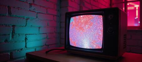 Retro TV set with glitching digital effects in neonlit room photo