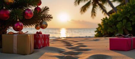 Christmas tree adorned with ornaments and gifts set against a sandy beach at sunset photo