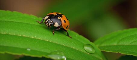Ladybug resting on green leaf photo