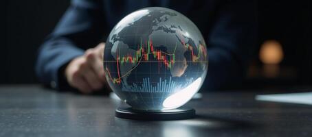 Investment outlook Stock market prediction depicted through a crystal ball featuring a candlestick chart for forecasting purposes photo