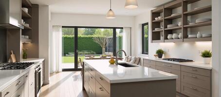 Modern kitchen showcasing an island countertop and patio doors photo