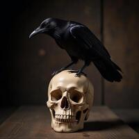 A raven perched upon a human skull photo