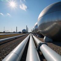 A modern factory showcases a spherical highpressure tank gas manufacturing facility featuring BPVC installations and surrounded by gas pipes on a bright day photo