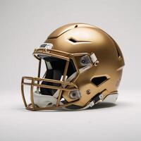 Shiny golden football helmet with sleek design glossy finish and protective grill styled against a clean white backdrop to convey athletic elegance photo