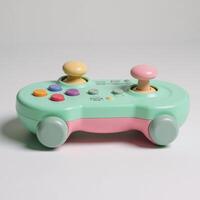 Retrostyled game controller with colorful pastel greenpink case is depicted on a clean white backdrop photo