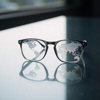 A world map financial charts reflected in stylish glasses symbolize global stock market surveillance photo