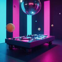 Neonlit dance floor under vibrant skies with hovering planets Nightclub Atmosphere photo