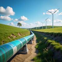 A secure carbonneutral transformation in the energy sector visualized as a 3D rendered hydrogen pipeline connecting solar power plants for clean energy balancing renewables with reduced reliance on photo