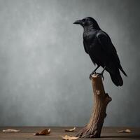 Black raven on a Halloweenthemed distressed gray backdrop in minimalist style photo