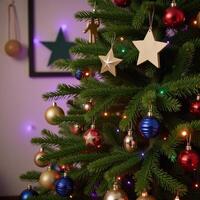 A traditional Christmas tree adorned with nostalgic ornaments photo