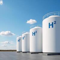 Clean Energy Symbolized Blue Sky 3D Render of White Hydrogen Tanks Labeled Blue H2 photo