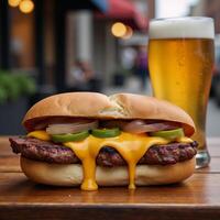 A quintessential American meal cheesesteak beer photo