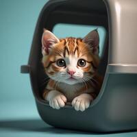 Adorable 3Drendered kitten playfully peering from pet carrier with soft shadows highlighting expressive face photo