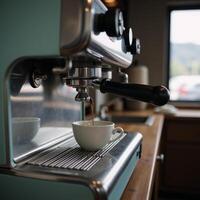 A retrostyle espresso machine featuring a coffee cup photo