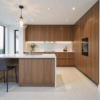 Modern kitchen design showcasing terrazzo tile and countertops along with wood cabinets and contemporary details photo