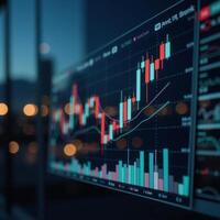 Digital art of a glossy cityscapereflected stock market chart featuring candlestick patterns and global business graphics against a backdrop of soft blured city lights photo