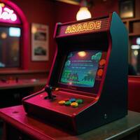 A nostalgic arcade room showcases a vintage gaming console and classic controls colorful joysticks buttons photo