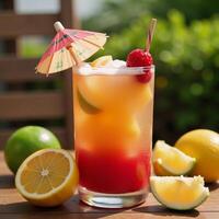 Colorful Tropical Drink with Umbrella Fruit Garnish Ideal Summer Refreshment photo