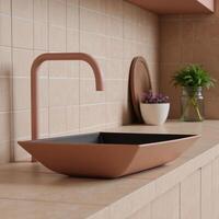 Modern 3Drendered closeup design showcases a stylish terracotta kitchen with sink and decorative elements against a backdrop of intricate tile patterns photo