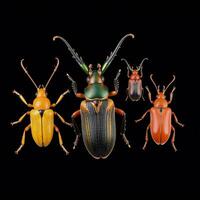 Colorful bugs and beetles displayed against a dark backdrop from above photo