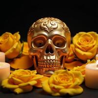 A golden sugar skull adorned with yellow roses and candles symbolizes the Day of the Dead celebration photo