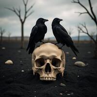 Ravens perched upon a skull within a brooding landscape photo