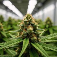 Closeup macro shot of mature cannabis Sativa flower bud set against a modern greenhouse backdrop photo