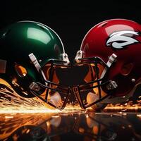 Dramatic showdown between two football helmets surrounded by sparks and flames photo